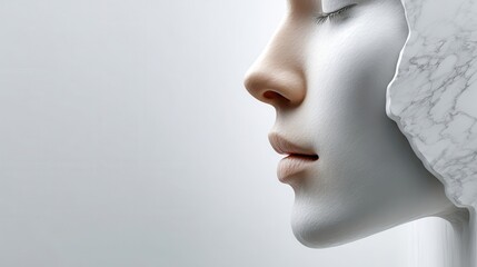 A side profile of a serene face, blending human features with marble-like texture, creating an ethereal and artistic appearance.