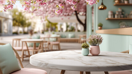 Beautiful outdoor café with marble table, cherry blossoms, pastel furniture, creating a serene and welcoming atmosphere perfect for relaxation or enjoying a meal in a picturesque setting.