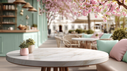 Beautiful outdoor café with marble table, cherry blossoms, pastel furniture, creating a serene and welcoming atmosphere perfect for relaxation or enjoying a meal in a picturesque setting.