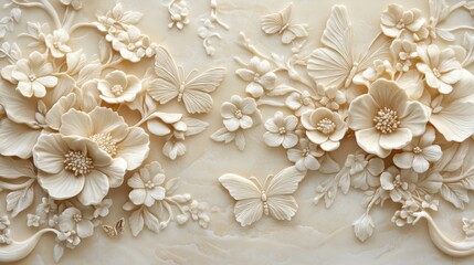 Intricate relief carving of flowers and butterflies on beige marble.