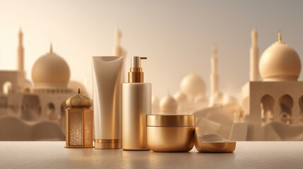 Luxurious cosmetic products arranged on a clean surface with intricate Middle Eastern architecture in the background, evoking sophistication, elegance, and beauty.