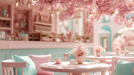 Charming cafe featuring marble tabletop, soft pink tones, floral arrangements, and spring-inspired design. cozy setting perfect for relaxation and enjoying light refreshments while soaking in ambiance