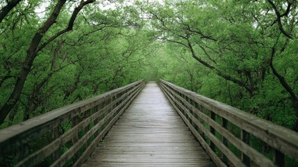 Wooden Bridge Forest Path, Green Trees, Nature Walk