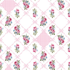Shabby chic rose pattern with ribbons and gingham seamless vintage floral design with pink roses, blue bows, and pastel diamonds. Ideal for textiles, wrapping, and romantic interiors.