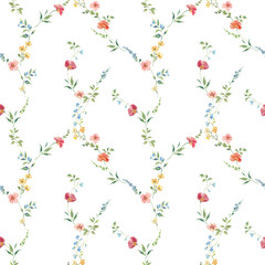 Seamless watercolor floral pattern with hand-painted wildflowers and leaves. Soft pink, yellow, and blue blossoms. Ideal for wallpaper, fabric, nursery decor, and spring-themed designs.