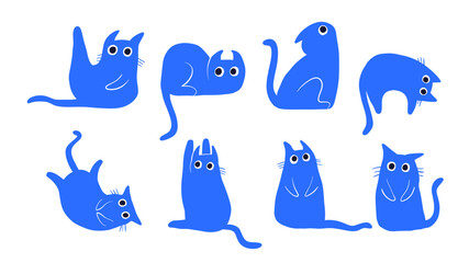 A collection of quirky blue cat illustrations in a simple, minimalist style. Each cat is in a unique, humorous pose with expressive eyes. Great for fun designs and modern decoration.
