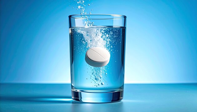 A white effervescent tablet dissolving in a glass of water, creating a fizzing reaction with bubbles. A concept of medicine and healthcare.