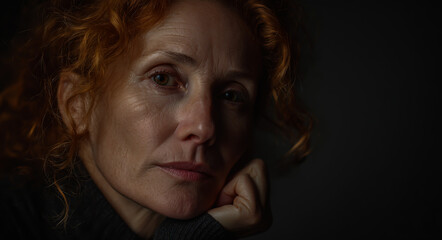 A portrait of an adult woman with red hair, looking at the camera in deep thought and sadness.