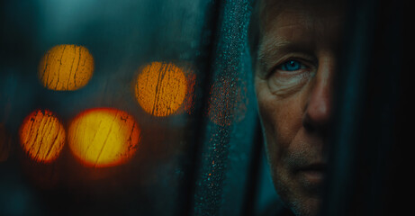 A portrait of an attractive man in his fifties. He is looking through the window on a rainy night.