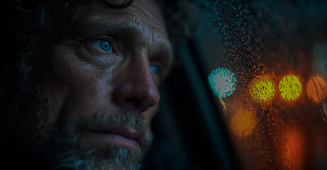 A portrait of an attractive man in his fifties. He is looking through the window on a rainy night.