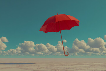 a red umbrella flying over the ground, with a sky background.