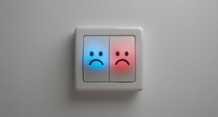 a white light switch with blue and red glowing happy and sad faces on it, mounted on a wall against a white background, close-up, mock-up photo.