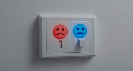 a white light switch with blue and red glowing happy and sad faces on it, mounted on a wall against a white background, close-up, mock-up photo.