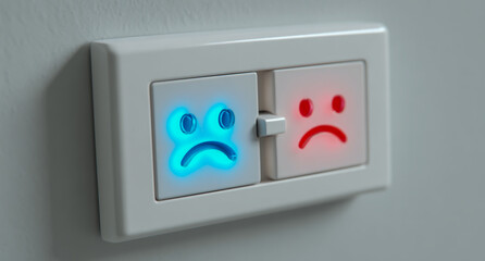 a white light switch with blue and red glowing happy and sad faces on it, mounted on a wall against a white background, close-up, mock-up photo.