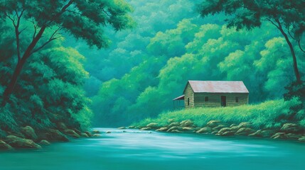 Cabin by River, Forest Landscape, Nature Retreat, Serene Art