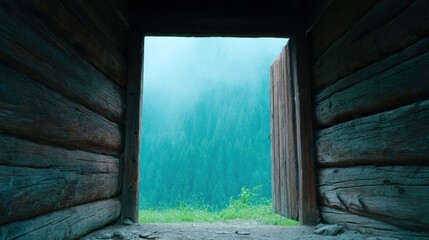 Cabin Door View: Forest, Nature, Escape, Adventure - background travel