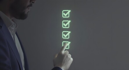 Check list, Businessman Take an assessment, questionnaire, evaluation, online survey exam Choosing the right answer in the exam, filling out an online survey form. Answer the test questions.