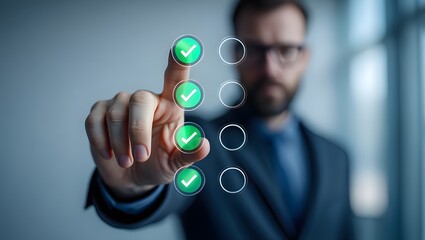 Check list, Businessman Take an assessment, questionnaire, evaluation, online survey exam Choosing the right answer in the exam, filling out an online survey form. Answer the test questions.