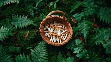 Chanterelle Mushroom Harvest in Basket on Forest Floor - nature food