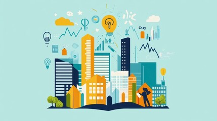 Cityscape emerging from open book with innovation icons.