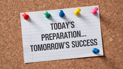 Inspiring message on paper: Today's preparation leads to tomorrow's success, pinned on corkboard