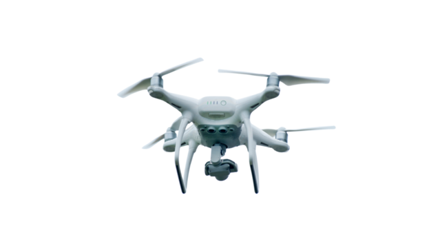 White Quadcopter Drone Hovering, Aerial Camera Surveillance Drone, Flying UAV with Camera

