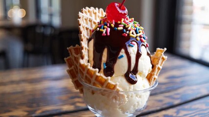 Close-up video of a decadent ice cream sundae with sprinkles, chocolate syrup, and a cherry, shot from a low angle for a tempting view.