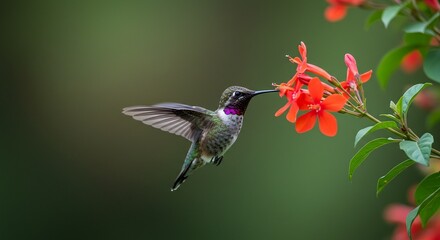 Fototapeta premium Hummingbird hovering and sipping nectar from a bright red flower