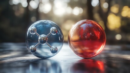 Molecular spheres in vibrant colors on a blurred background.