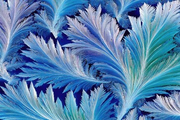 Detailed close-up of intricate frost patterns, vibrant blues and whites