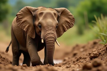 Small elephant covered in mud, enjoying the texture, nature photography, mud
