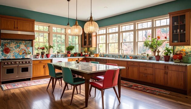 Retro-inspired mid-century kitchen combining wood textures and vintage color palette.
