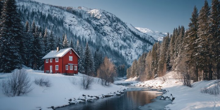A bright red house near a frozen mountain stream and pine-covered slopes