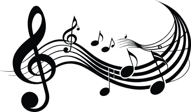 Abstract musical notes and treble clef flowing on a swirling staff creating a dynamic visual representation of music