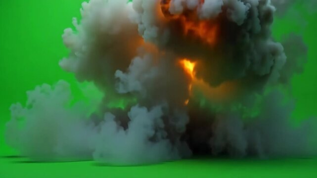 Dramatic building demolition explosion with debris and dust cloud on green screen backdrop