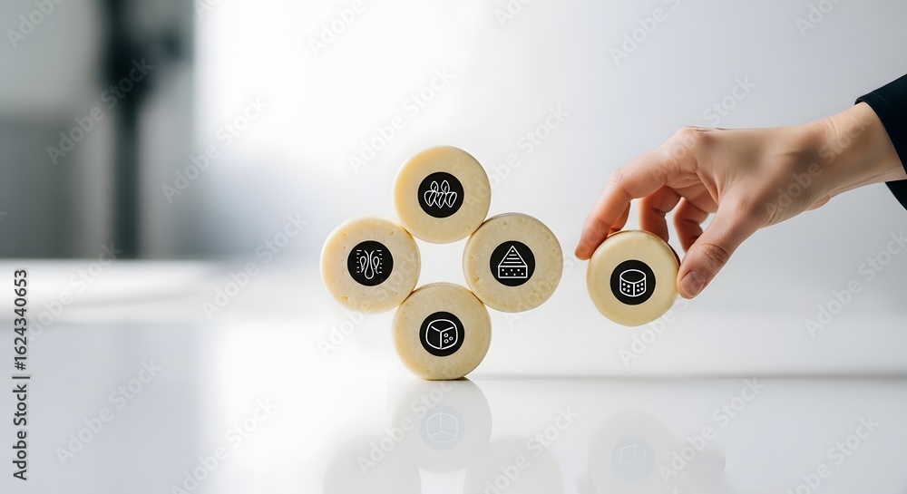 Poster conceptual image of business strategy and selection, with a hand choosing a service token from a cro