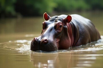 Fototapeta premium Submerged hippopotamus wallowing in muddy water, swamp, mud bath