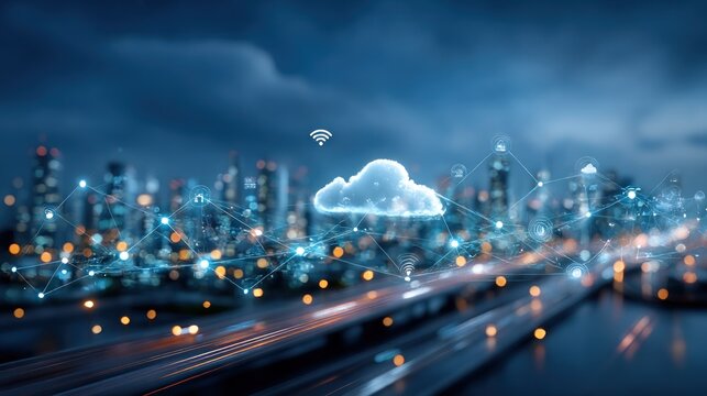 City skyline at night with a digital cloud