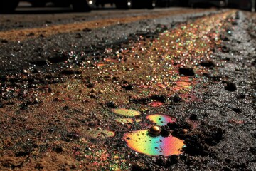Obraz premium Close-up of oily road surface with iridescent sheen