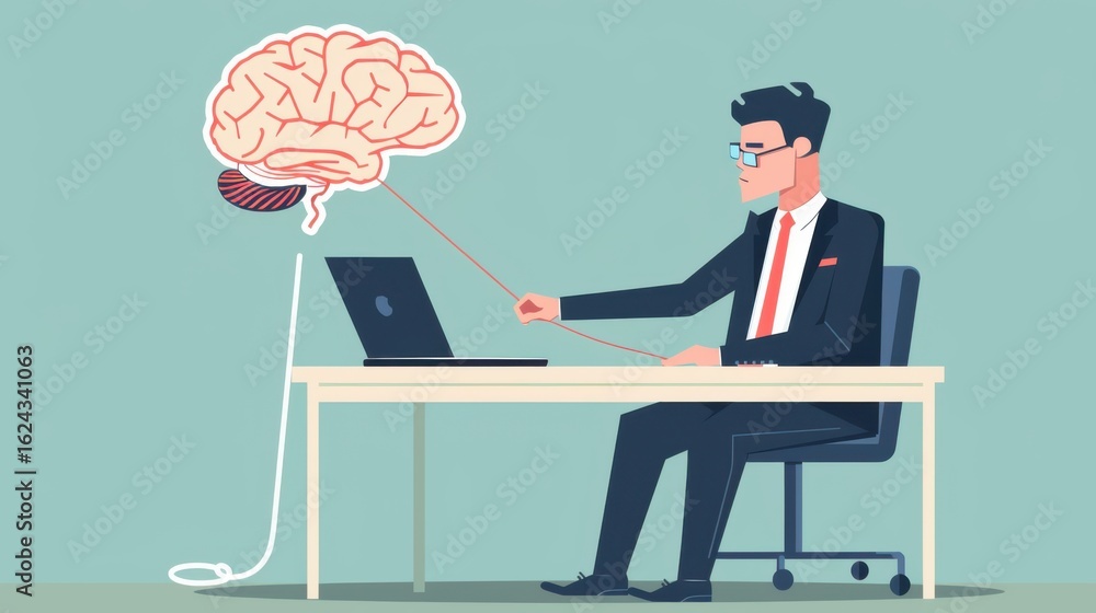 Poster illustration of a businessman at a desk with a laptop connected to a floating brain via a red cord
