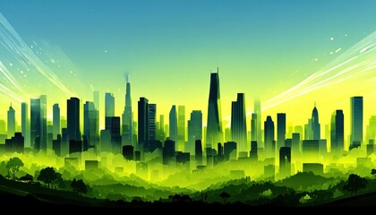 Cityscape with vibrant green glow