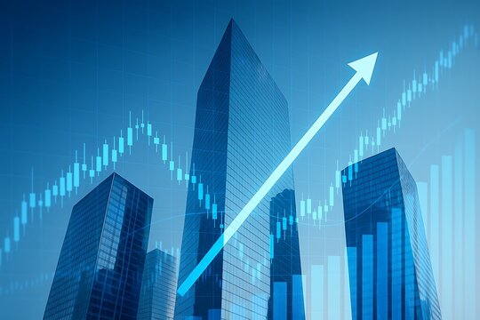 Modern skyscrapers with rising financial chart and arrow symbolizing economic growth stock market success real estate development and upward investment trends in urban business - Powered by Adobe