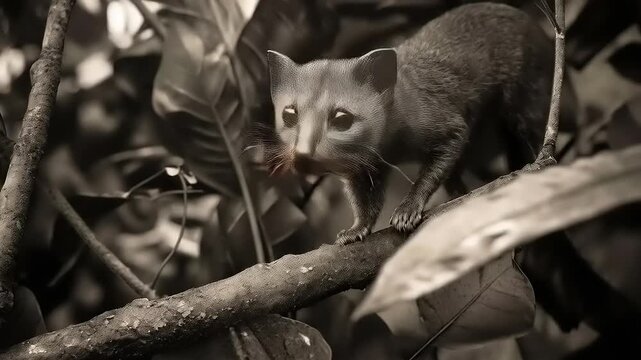Curious Common Genet Staring From Tree Branch Amidst Lush Foliage