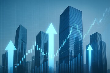 Skyscrapers with financial growth arrows and bar charts representing economic expansion real estate investment market success and urban development in a futuristic business concept