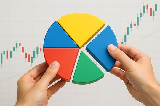 Hands holding colorful 3D pie chart in front of financial stock candlestick graph background showing business segmentation and economic data growth analysis