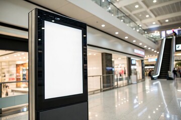 Modern digital screen mockup in shopping mall with blank vertical panel. Perfect for signage, kiosk advertising, marketing displays, commercial design, and public space branding.

