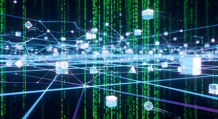 Abstract digital network with floating data icons and code.  Light blue lines connect various shapes and symbols in a dark background.  Green code streams vertically