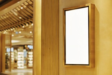 Modern digital screen mockup in shopping mall with blank vertical panel. Perfect for signage, kiosk advertising, marketing displays, commercial design, and public space branding.

