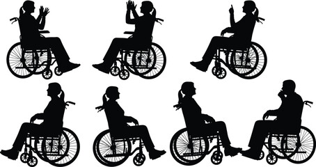 Wheelchair users, silhouette figures, inclusive gestures, communication, accessibility, diversity, mobility, empowerment, healthcare, support, disability, independence, lifestyle, expression, 