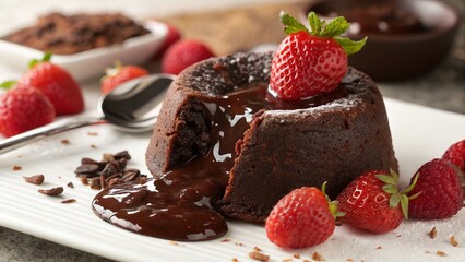Delicious chocolate cake with strawberries and cream on a plate